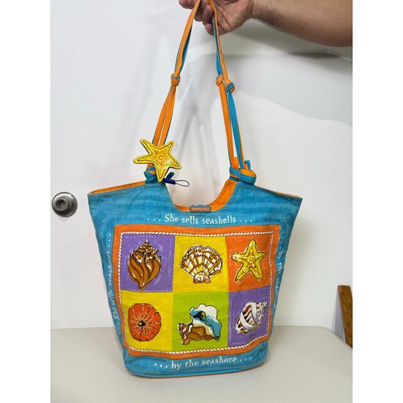 Anne Ormsby Surviving Stress Tote Washed Canvas Embroidered Shells Wood - Picture 1 of 16